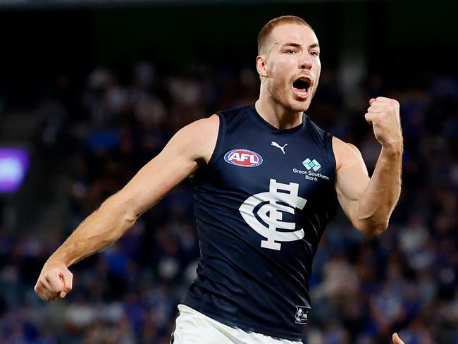 MELBOURNE - APRIL 07: Harry McKay of the Blues celebrates a goal during the 2023 AFL Round 04 match between the North Melbourne Kangaroos and the Carlton Blues at Marvel Stadium on April 7, 2023 in Melbourne, Australia. (Photo by Dylan Burns/AFL Photos via Getty Images)