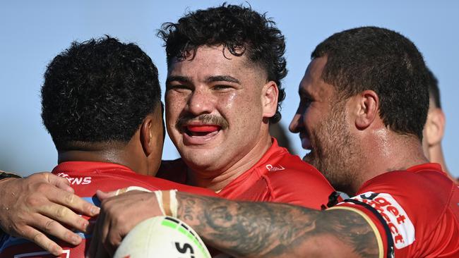 BUNDABERG, AUSTRALIA - JULY 30: Valynce Te Whare of the Dolphins celebrates after scoring a try  during the round 22 NRL match between Canterbury Bulldogs and Dolphins at Salter Oval on July 30, 2023 in Bundaberg, Australia. (Photo by Ian Hitchcock/Getty Images)