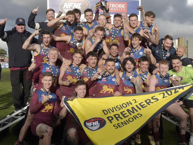 NFNL Division 2 MC Labour Seniors, Grand Final.  South Morang VS Diamond Creek played at Preston City Oval, Preston, Victoria, Saturday 14th September 2024. South Morang celebrate their win. Picture: Andrew Batsch