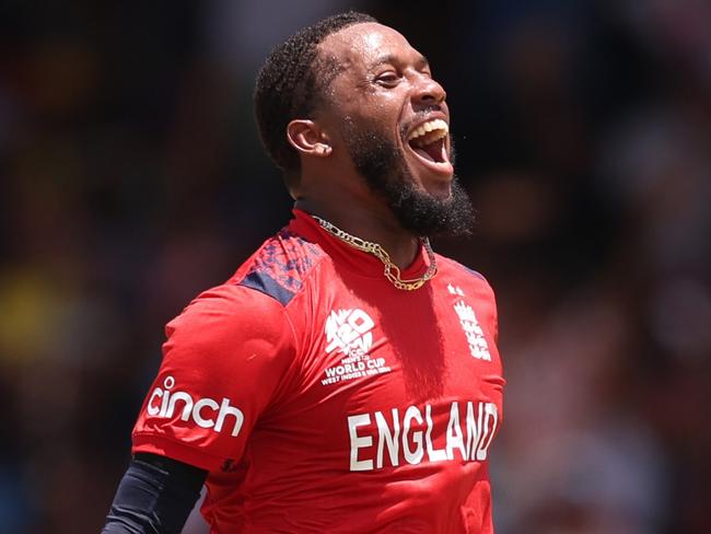 BRIDGETOWN, BARBADOS - JUNE 23: Chris Jordan of England celebrates the wicket of Saurabh Netravalkar of USA to complete a hat trick during the ICC Men's T20 Cricket World Cup West Indies & USA 2024 Super Eight match between USA and England at Kensington Oval on June 23, 2024 in Bridgetown, Barbados. (Photo by Robert Cianflone/Getty Images)