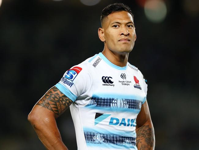 AUCKLAND, NEW ZEALAND - APRIL 06: Israel Folau of the Waratahs looks on during the round 8 Super Rugby match between the Blues and Waratahs at Eden Park on April 06, 2019 in Auckland, New Zealand. (Photo by Anthony Au-Yeung/Getty Images)