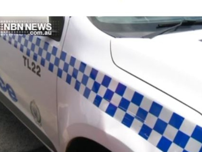 Battersby threw a large rock at this police car in Lake Munmorah at the weekend. Picture: NBN News