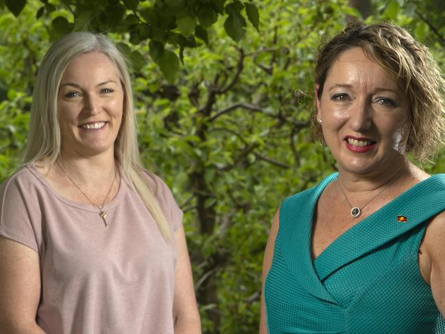 Rebecca Graham, Chief Executive Officer of Barossa Hills Fleurieu Local Health Network,(blue dress) with her Executive Assistant Lyn Pascoe. (In black pants) on the grounds of The Mount Barker District SoldiersÃ Memorial Hospital. Photographer Emma Brasier.