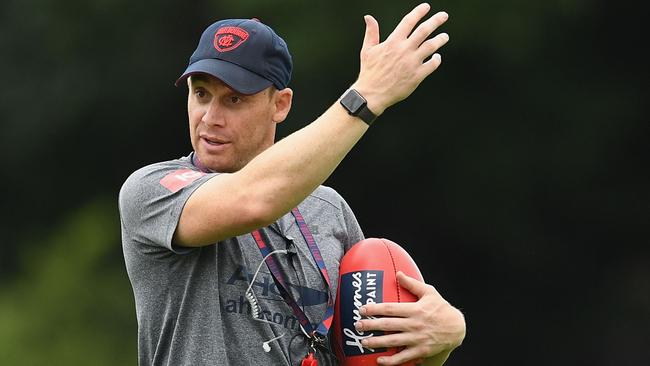 Melbourne coach Simon Goodwin directs traffic at training.