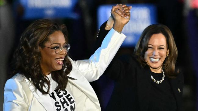Oprah Winfrey presents US Vice President and Democratic presidential candidate Kamala Harris at her final campaign rally Benjamin Franklin Parkway in Philadelphia.