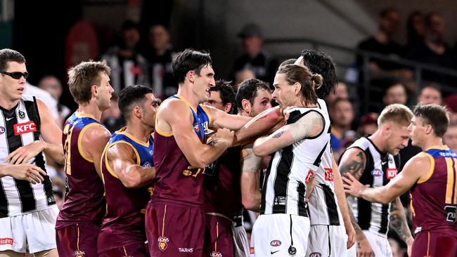 The Lions take on the Magpies on Thursday night, and things got fiery last time. Picture: Bradley Kanaris/Getty Images