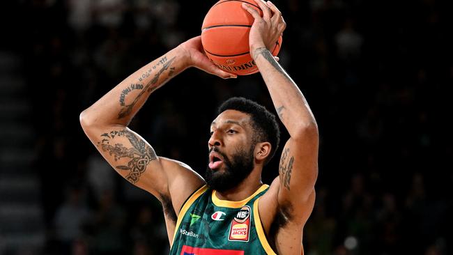 HOBART, AUSTRALIA - DECEMBER 17: Marcus Lee of the Jackjumpers looks to pass during the round 11 NBL match between Tasmania Jackjumpers and Sydney Kings at MyState Bank Arena, on December 17, 2023, in Hobart, Australia. (Photo by Steve Bell/Getty Images)