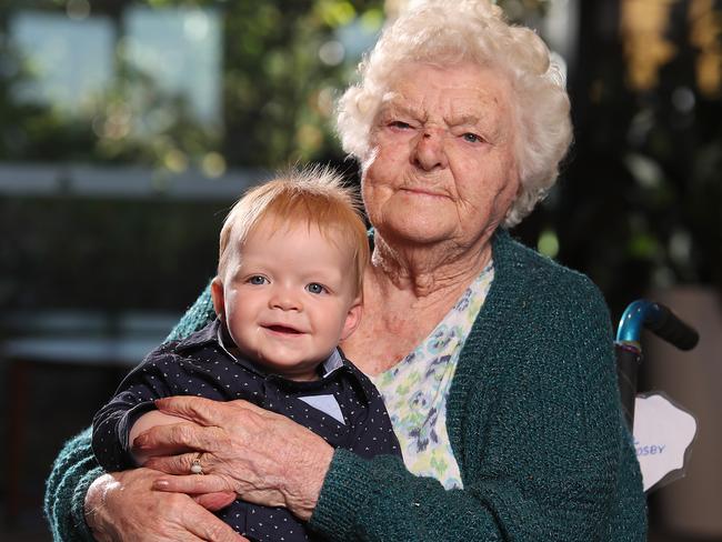 Mabel Crosby with her 10-month-old great great grandson Cameron Moriarty. Picture: Peter Wallis