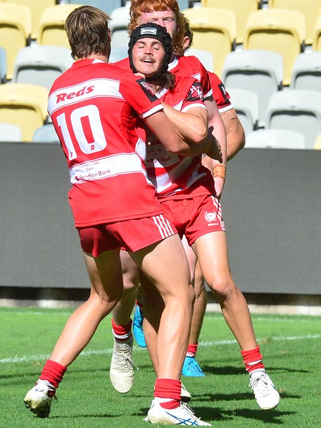 PBC five-eighth Bailey McConnell celebrates a try during the Phil Hall Cup final between Palm Beach Currumbin and St Patrick's College at Queensland Country Bank Stadium. Picture: Matthew Elkerton