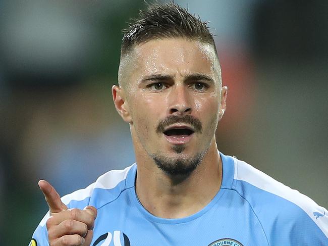 MELBOURNE, AUSTRALIA - FEBRUARY 07: Jamie MacLaren of Melbourne City celebrates after scoring a goal during the round 18 A-League match between Melbourne City and Melbourne Victory at AAMI Park on February 07, 2020 in Melbourne, Australia. (Photo by Robert Cianflone/Getty Images)