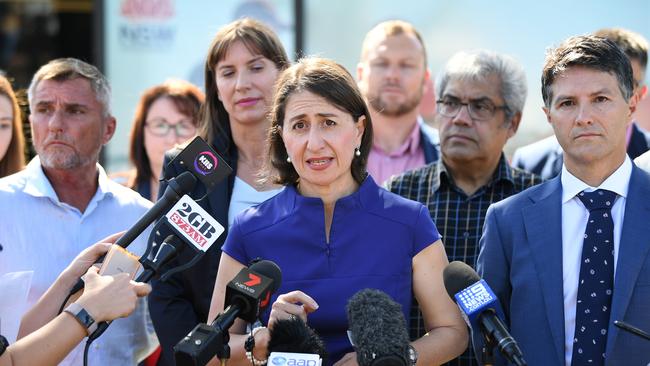 East Hills MP Glenn Brookes, Liberal candidate Wendy Lindsay, Gladys Berejiklian and NSW Minister for Services Victor Dominello. Picture: Joel Carrett