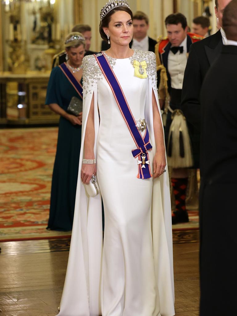 Kate Middleton’s structured white-caped Jenny Packham gown is a departure from what she usually wears. Picture: Chris Jackson/Getty Images