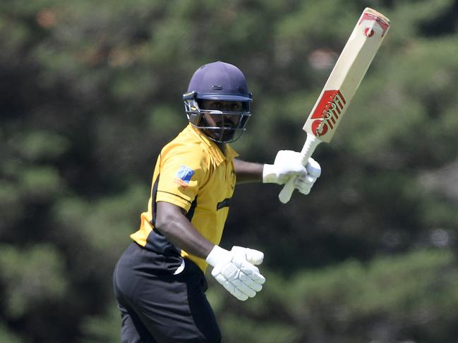 Dilan Chandima in action during the GDCA Cricket match between Sunbury United and Woodend in Sunbury, Saturday, Feb. 22, 2020. Picture:Andy Brownbill