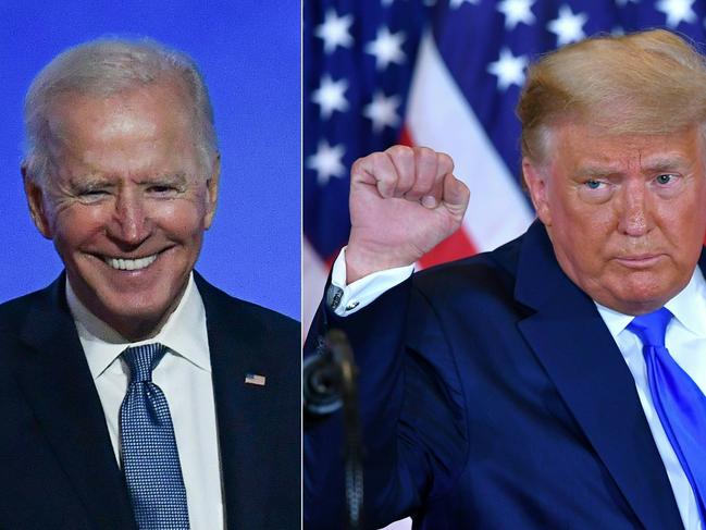 (COMBO) This combination of pictures created on November 04, 2020 shows Democratic presidential nominee Joe Biden (L) in Wilmington, Delaware, and US President Donald Trump (R) in Washington, DC both pumping their fist during an election night speech early November 4, 2020. - President Donald Trump and Democratic challenger Joe Biden are battling it out for the White House, with polls closed across the United States -- and the American people waiting for results in key battlegrounds still up for grabs, one day after the US presidential election November 03. (Photos by ANGELA  WEISS and MANDEL NGAN / AFP)