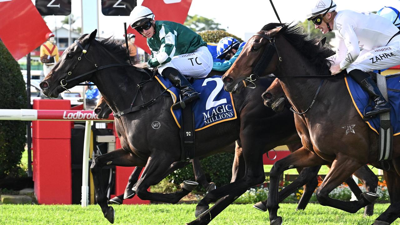 Pulchritudinous proves a quaddie killer at Doomben when scoring the Group 3 Magic Millions Fillies And Mares Mile for trainers Gai Waterhouse and Adrian Bott and jockey Tim Clark. Picture: Grant Peters, Trackside Photography.