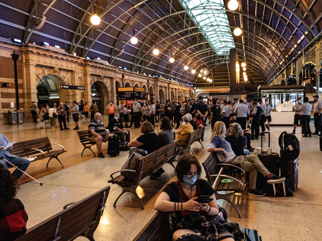 Commuters outside Central Station when the rail network shut down on Monday. Picture: NCA NewsWire / Flavio Brancaleone