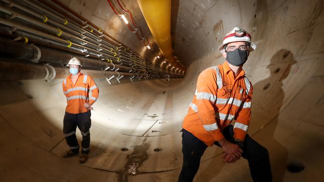 Builders Brian Dempsey, right, and Troy McDonald on the project which is expected to be completed in 2025. Picture: Alex Coppel