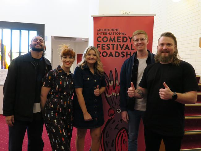 Comedians Rapha Manajemen, Bron Lewis, Danielle Walker, Nick Schuller and MC Brett Blake at the Araluen Arts Centre in ALice Springs on May 15, 2024 as part of the Melbourne International Comedy Festival Roadshow.