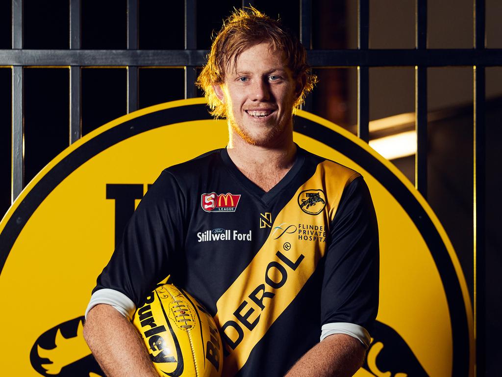 Glenelg's Josh Scott poses for a picture at Glenelg Oval, after kicking five goals against the Crows to sit second on SANFL goal kicking standings, Tuesday, May 22, 2018. (AAP Image/MATT LOXTON)