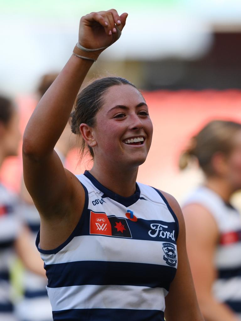 Geelong’s Caitlin Thorne celebrates victory on debut in round 4 against the Gold Coast Suns. Picture: Matt Roberts/Getty Images