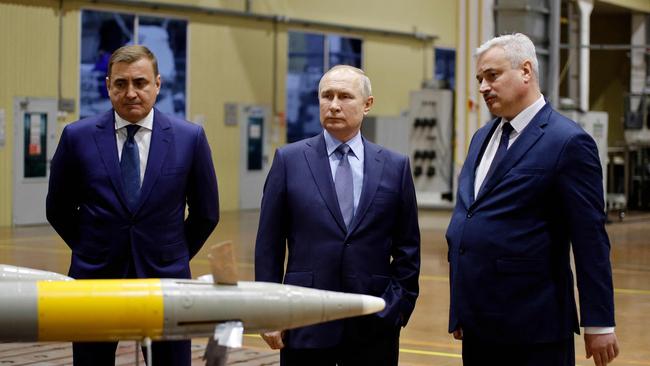 Russia's President Vladimir Putin, flanked by Tula's Region Governor Alexei Dyumin on the left. Picture: Sputnik/AFP
