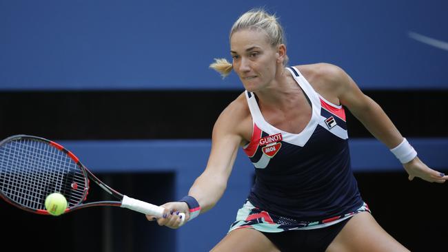 Hungary's Timea Babos won the first set against Maria Sharapova.