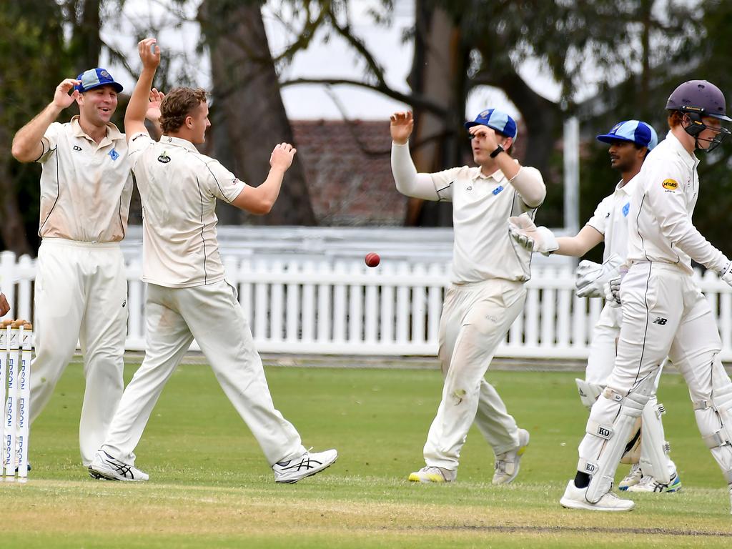 Norths players celebrate a wicket Sci-Fleet Motors club cricket competition between Valley and Norths Saturday October 1, 2022. Picture, John Gass