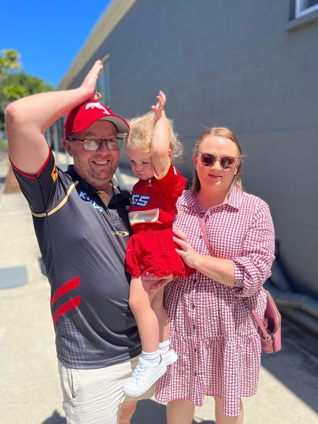 Jamie Ray, 33, Charlotte Ray, 2, and Jamie-Leigh Ray, 32, of Redcliffe at the Dolphin's inaugural NRL game against the Sydney Roosters at Suncorp Stadium in Brisbane on Sunday, March 5, 2023. Picture: Supplied