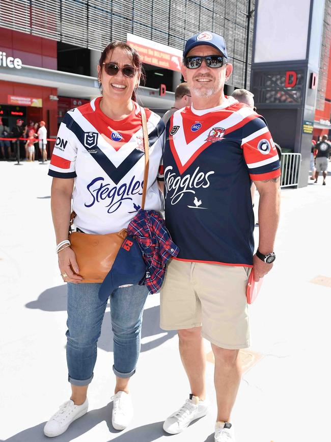 Amanda English and Brett McClintock at Roosters V Dolphins, Suncorp Stadium. Picture: Patrick Woods.