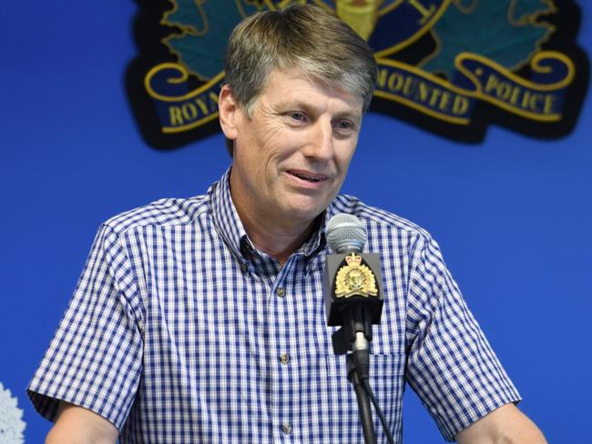 Lucas’s father, Stephen Fowler, pauses while speaking at a RCMP news conference, in Surrey, British Columbia, Canada. Picture: Peter Whittle/News Corp Australia