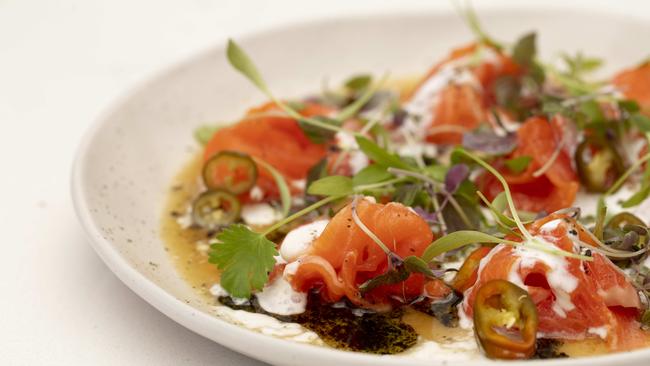 The ocean trout with pickled green chilli, smoked coconut cream, ponzu and seaweed oil at Light Years. Picture: Russell Shakespeare