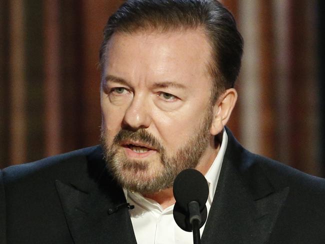 BEVERLY HILLS, CALIFORNIA - JANUARY 04: In this handout photo provided by NBCUniversal Media, LLC,  host Ricky Gervais speaks onstage during the 76th Annual Golden Globe Awards at The Beverly Hilton Hotel on January 5, 2020 in Beverly Hills, California. (Photo by Paul Drinkwater/NBCUniversal Media, LLC via Getty Images)