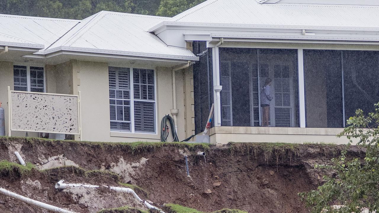 Part of a house on Crest Hill Drive in Wongawallan that caused the evacuation of a street after the house was deemed at risk of collapse due to a landslide. Picture: Jerad Williams