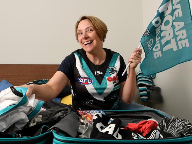 Karin Cullen is a Port Adelaide fan who hasn't missed a game for four years and is off to China for this week's game. Picture: Tricia Watkinson