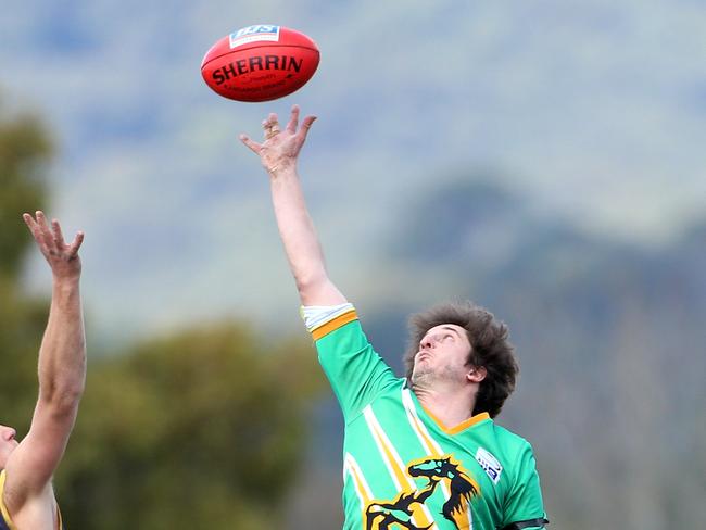 Grattan Stephens goes up in the ruck. Picture: Hamish Blair