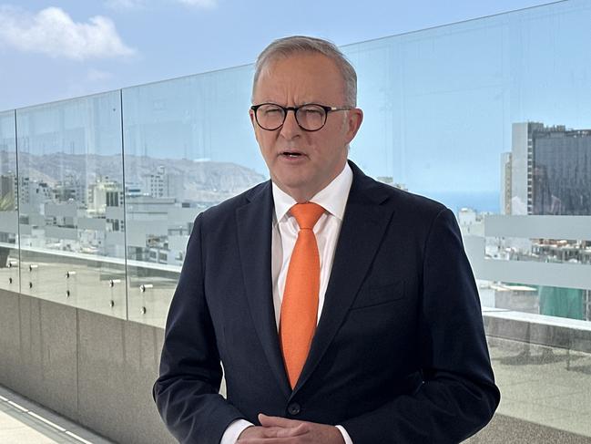 Prime Minister Anthony Albanese speaking at a press conference in Lima, Peru on the sidelines of the Asia Pacific Economic Cooperation summit. Picture: Clare Armstrong