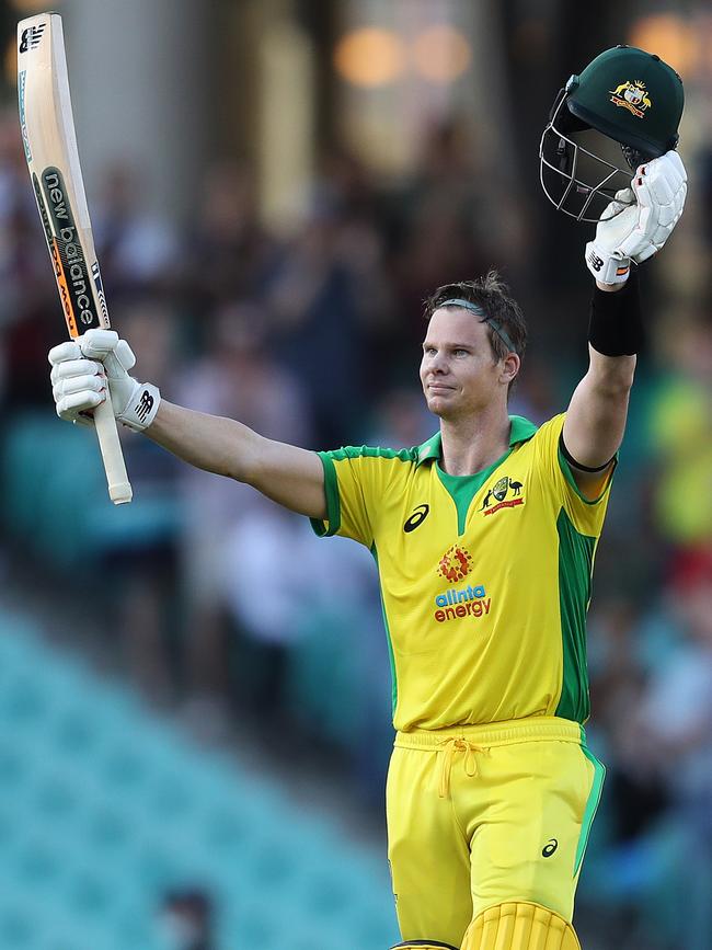 Steve Smith celebrates his century in game one. Picture: Brett Costello