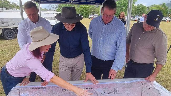 Keppel MP Brittany Lauga, Acting Premier Steven Miles, Prime Minister Anthony Albanese, Rockhampton MP Barry O'Rourke and Senator Murray Watt look over plans for the Rockhampton Ring Road. Photo: Kentos Komms