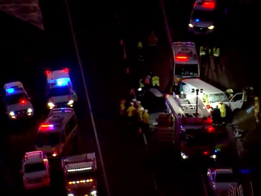 Four ambulance crews and the Toll rescue helicopter responded to the collision near Woodstock Ave. Picture: 7 News