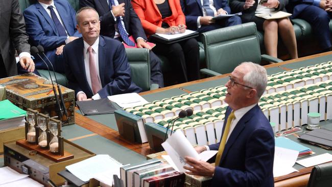 The Leader of the Opposition Bill Shorten with Prime Minister Malcolm Turnbull, during Question Time. Picture: Gary Ramage.