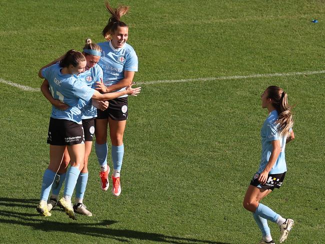 MELBOURNE, AUSTRALIA - APRIL 28: Hannah Wilkinson of Melbourne City celebrates after scoring a goal during the A-League Women Semi Final match between Melbourne City and Newcastle Jets at Maitland Regional Sports Ground, on April 28, 2024, in Melbourne, Australia. (Photo by Robert Cianflone/Getty Images) (Photo by Robert Cianflone/Getty Images)