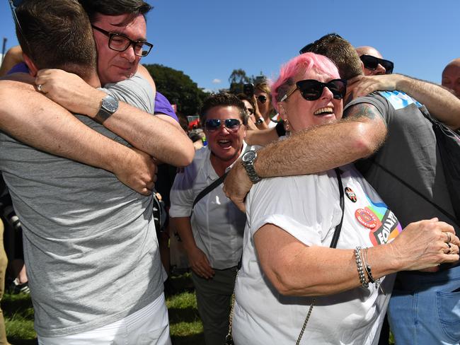 People celebrate after watching the same sex marriage vote result announcement during a picnic held by the Equality Campaign at Prince Regent Park in Sydney, Wednesday, November 15, 2017. Picture: AAP Image/David Moir