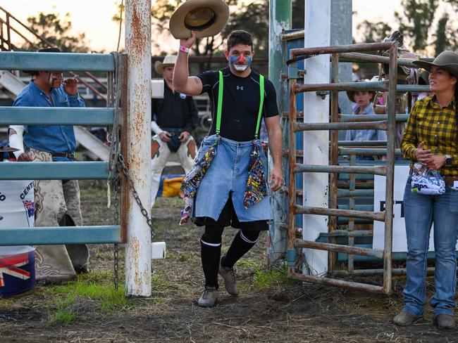 Traditionally known as rodeo clowns, the title has been changed to protection athlete to better reflect the role. Harley Schofield has proven to be one of the best in the game. Picture: Redhot Photography