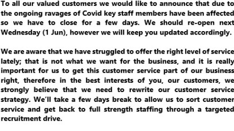 A notice to customers on the business' Facebook page last year advising of Covid staff shortages.