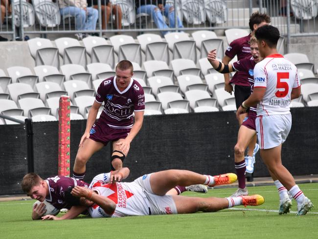 Kaleb Serafin barges over for a try. Picture: Sean Teuma