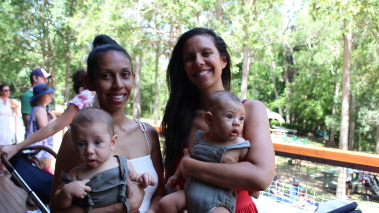 Kiara Flay with baby Cassius and Shivaun Sutcliffe with baby Samson enjoy the festivities at the reopening of Redlands' IndigiScapes centre. PICTURE: Kara Sonter