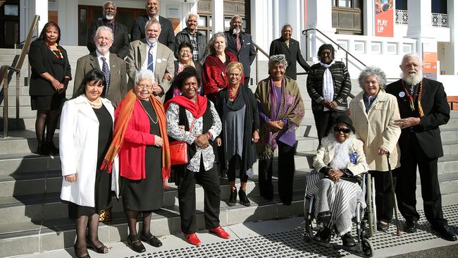 Descendants and original campaigners who fought for the 1967 referendum on the steps of Old Parliament House in Canberra. Picture: Kym Smith.