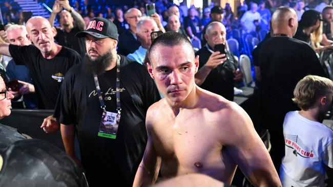 Tim Tszyu walks through the crowd after his win against Brian Mendoza.