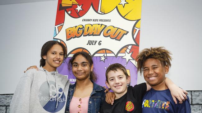 Attani Enosa (13), Luanna Grego (13), Israel Smith (9) and Kayem Kuman (9) at the Calvary Christian Church’s Big Day Out. Picture Emily Barker