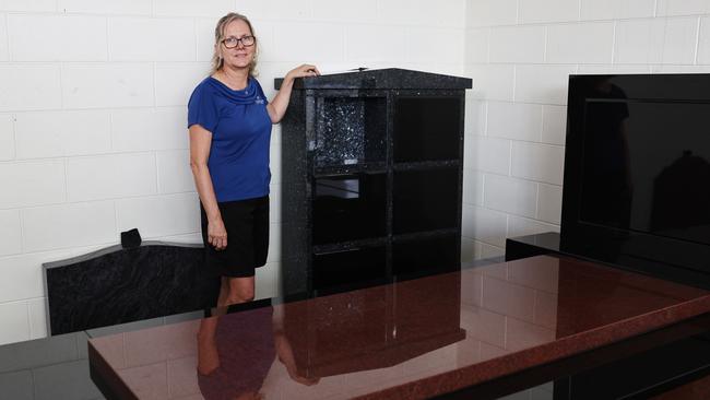 Stonemason at Gori Marble and Granite Velina Veivers says that cremation walls that can hold up to six urns of ashes have been growing in popularity recently, as cemetery space in Cairns is becoming restricted. Picture: Brendan Radke